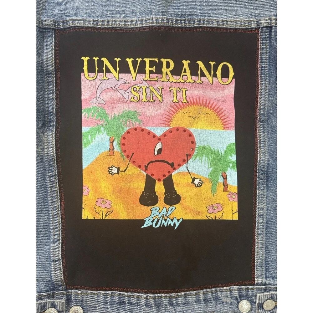 BAD BUNNY Un Verano Sin Ti Reggaeton House Upcycled Retro Denim Jacket Size L - Picture 10 of 14